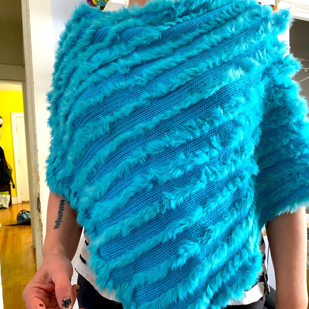 Fun Genuine Fur Teal Turquoise Knit Poncho